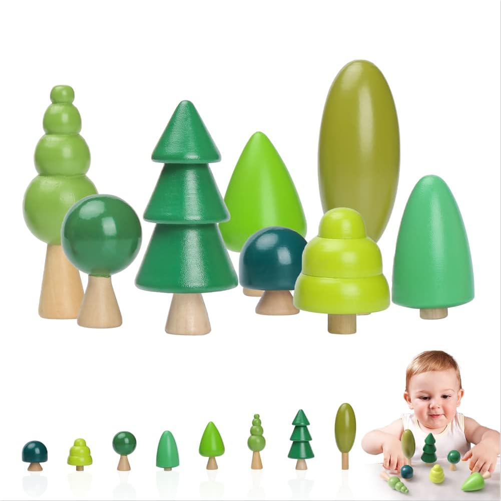 A variety of colorful wooden tree toys in different shapes and sizes, with a child playing with them.