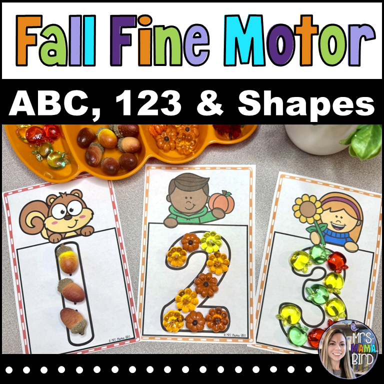 Fall-themed educational activity showcasing fine motor skills with cards featuring a squirrel, children with pumpkins, and number shapes decorated with assorted objects.
