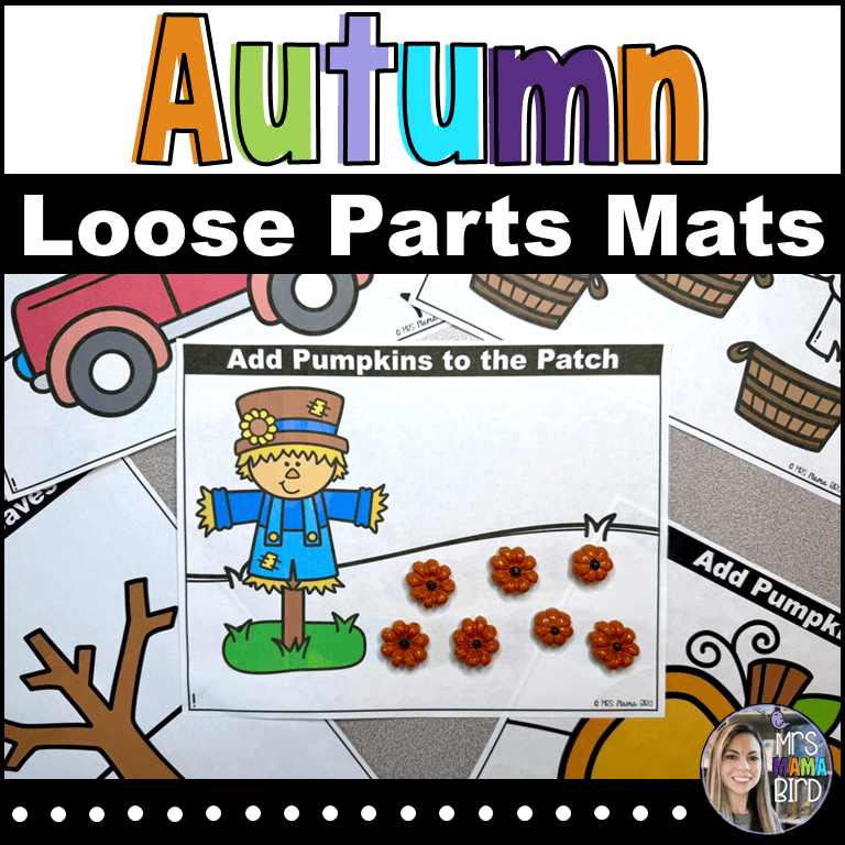 Colorful autumn-themed loose parts mats featuring a scarecrow and instructions to add pumpkins to the patch, with decorative flowers around.