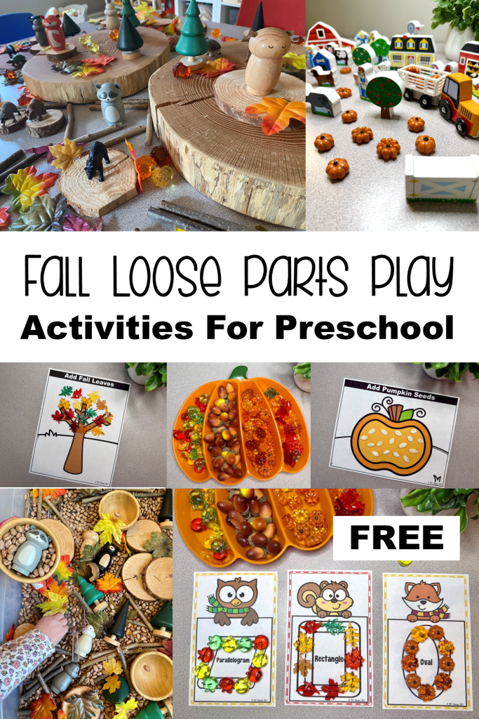 A creative display of fall-themed loose parts play activities for preschoolers, including colorful leaves, wooden figures, and various educational worksheets featuring autumn designs. The image highlights engaging sensory materials and interactive learning opportunities in a playful setting.