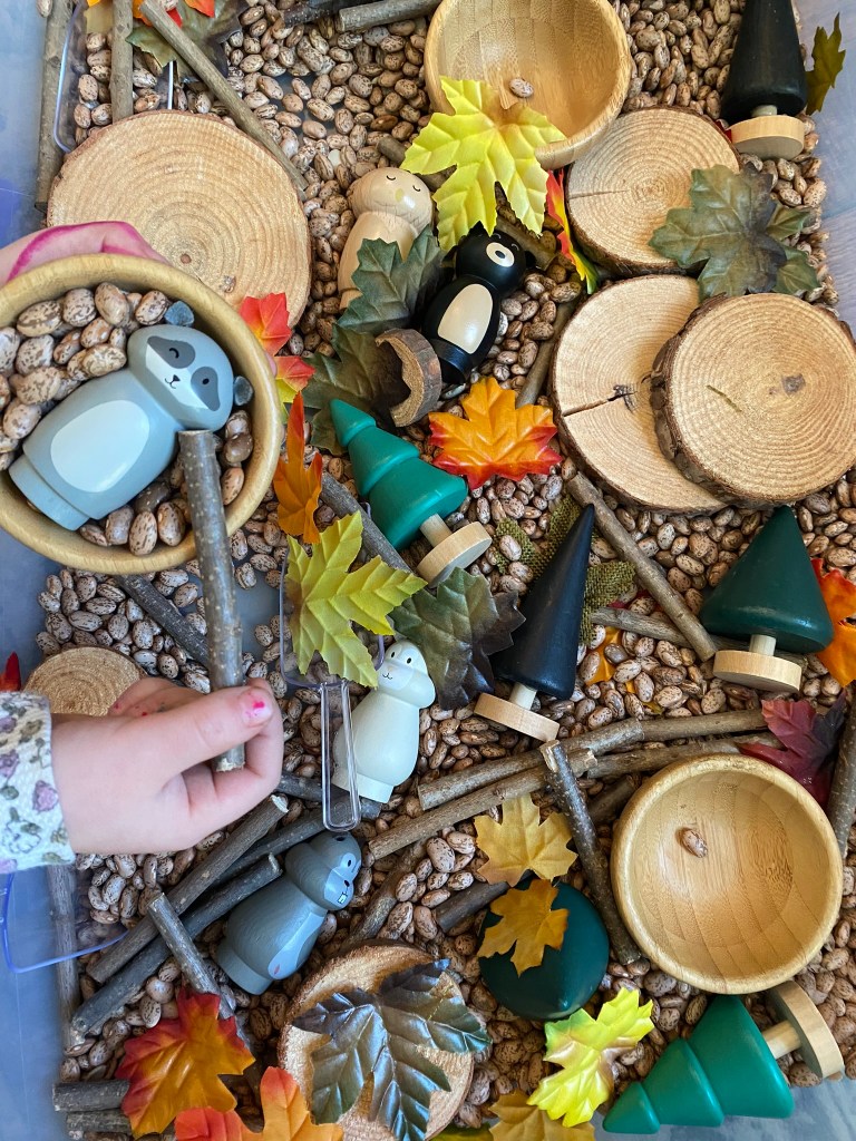 A sensory play setup featuring various natural materials, including beans, wooden discs, sticks, and colorful leaves. Small toy figures, including animals and trees, are scattered throughout. A child's hand is reaching out to interact with the items.