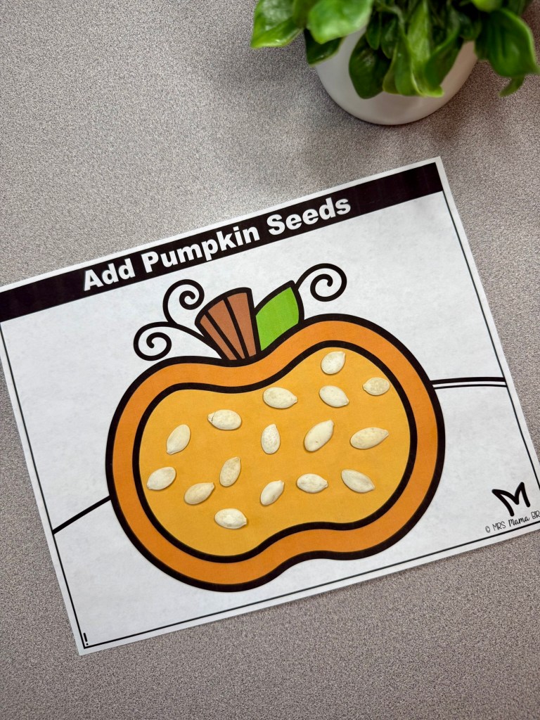 A colorful illustration of a pumpkin with pumpkin seeds placed inside it, accompanied by the text 'Add Pumpkin Seeds' at the top.